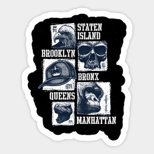 Five Boroughs new York City With Eagle, Skull, Gorilla, Dinosaur, Baseball cap. Sticker